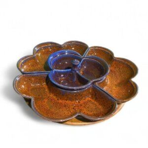 Large Vintage Glazed Ceramic Flower Rotating Serving Platter Handmade USA Signed